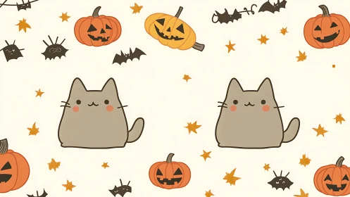 Halloween Pattern with Anthropomorphic Feline Characters and Jack-o'-Lantern Motifs