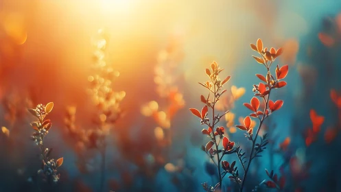 Sunlit Botanical Stems with Warm Bokeh Gradient