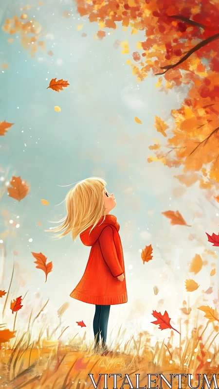 Child in red coat watches glowing autumn leaves swirl.