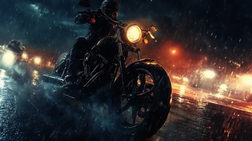 Night rider leans into rain‑slicked street under neon glare.