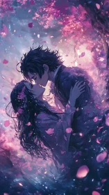 Romantic anime couple embracing under luminous sakura petals
