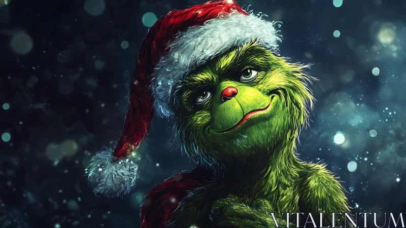 Green furry Christmas trickster in Santa hat portrait.