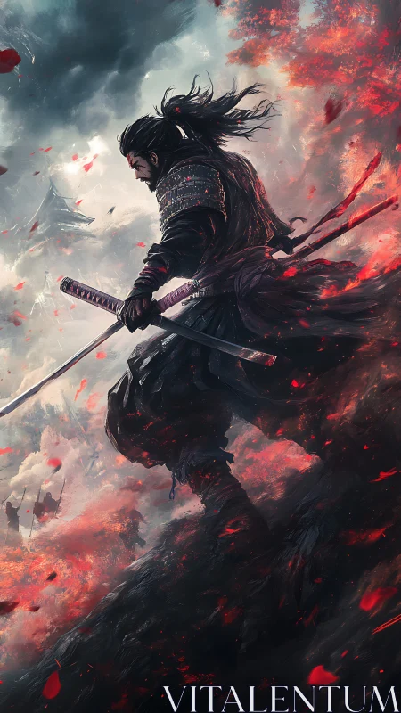 Armored samurai on smoky battlefield with crimson embers swirling