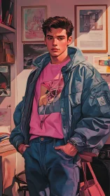 Laid-back student in retro jacket glowing with soft color.
