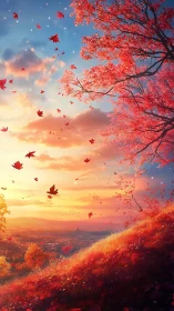 Red autumn tree overlooks valley under vivid sunset sky