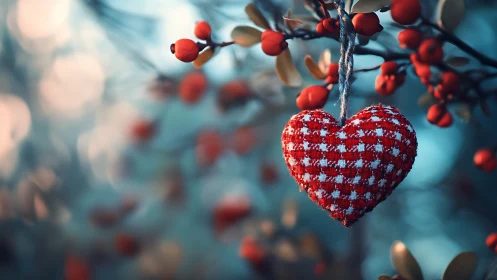 Frost-Kissed Heart Ornament Among Winter Berries.