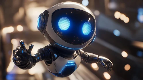 Small humanoid robot extends arm in illuminated interior