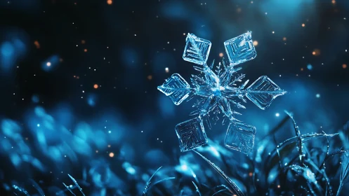 Single hexagonal snowflake over frozen grass at night.