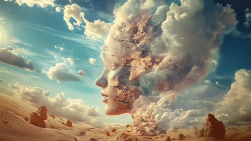 Desert sky goddess emerging as stratified cloud monolith.