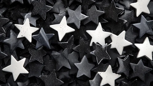 Black and white star shaped objects arranged in dense clusters