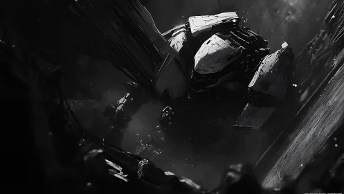 Stalwart mech guardian emerging from deep shadowed ruins.