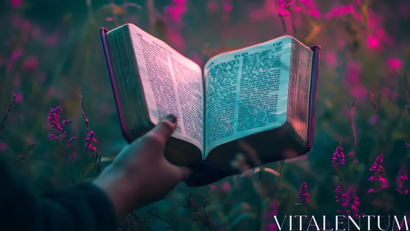 Open bible in dreamy pink meadow with cinematic lighting.