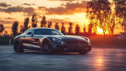 Midnight coupe glides through ember-lit sunset boulevard.