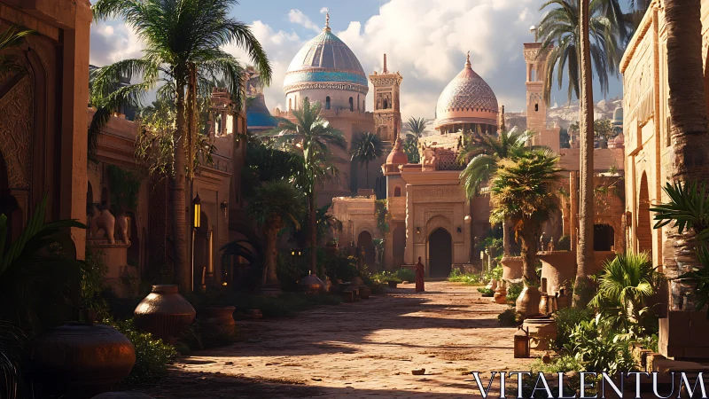 Sunlit desert palace avenue with domes and palm trees.