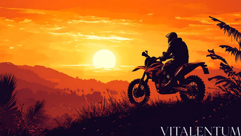 Motorcyclist on hillside trail against vivid orange sunset.