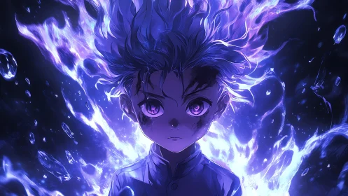 Intense anime child enveloped in high energy violet plasma aura