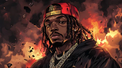 Flames crown a defiant rapper framed in molten twilight