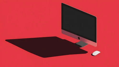 Minimalist desktop computer casting bold geometric shadow.