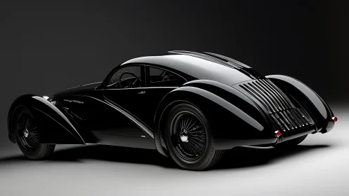 Streamlined black coupe is rendered in controlled studio light