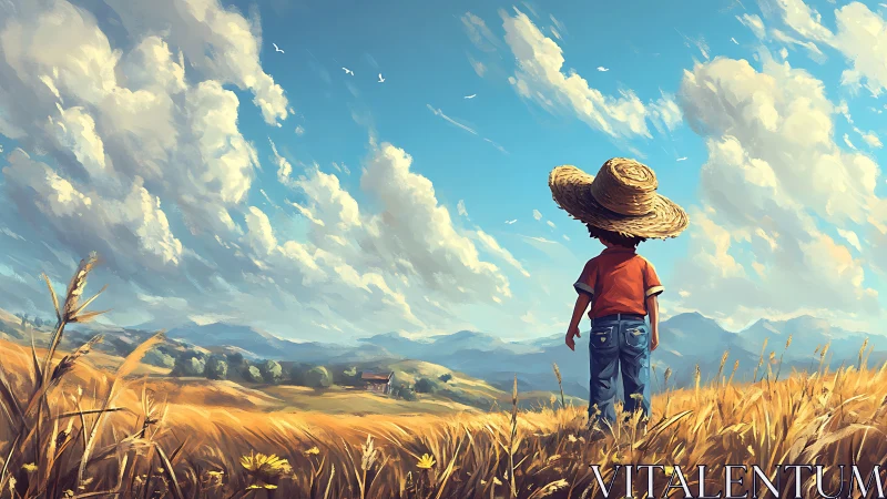 Straw-hatted dreamer gazes across sunlit wheat horizons.