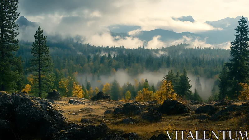 Atmospheric Mountain Valley with Fog-Laden Coniferous Forest and Layered Elevation