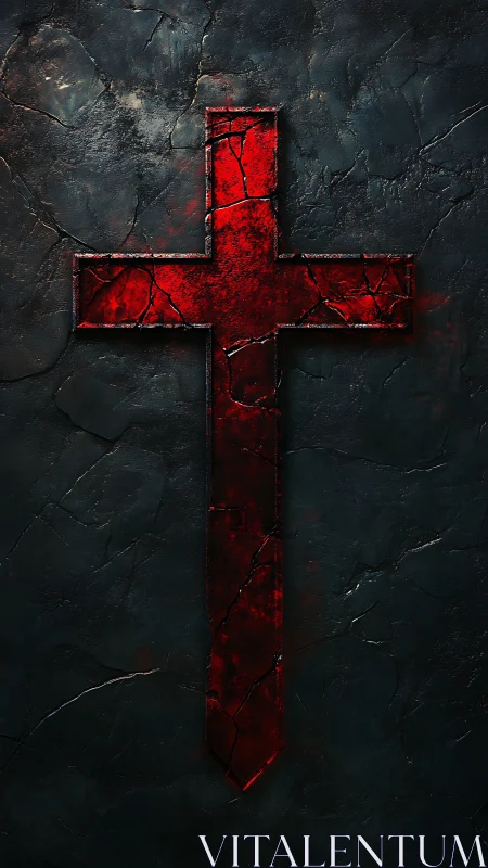 Cracked red cross glows over dark, weathered stone backdrop.