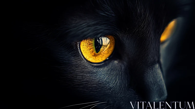 Black Cat's Yellow Eye in Dark Close-up.