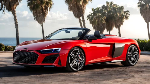 Red convertible sports car with sharp LED lighting and ocean backdrop