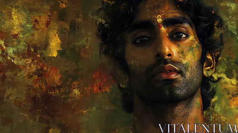 Man&rsquo;s painted face merges with textured abstract background