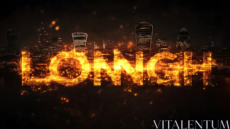 Glowing particle typography overlays London night skyline precisely