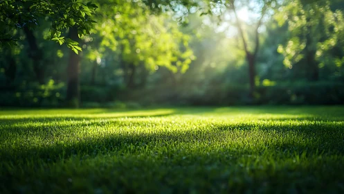 Sunlit park lawn with lush green grass and soft bokeh light.