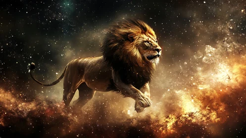 Cosmic lion strides through blazing starfield nebulae.
