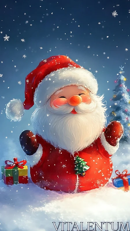 Joyful cartoon Santa laughs amid falling Christmas snow.