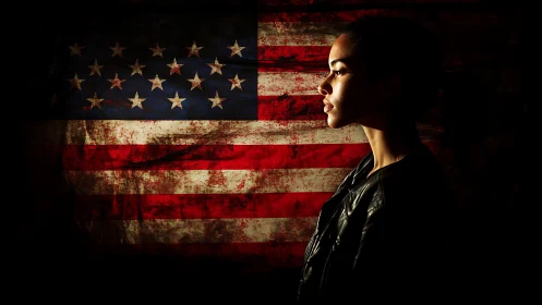 Woman in Profile Against Grungy American Flag, Dramatic Lighting.