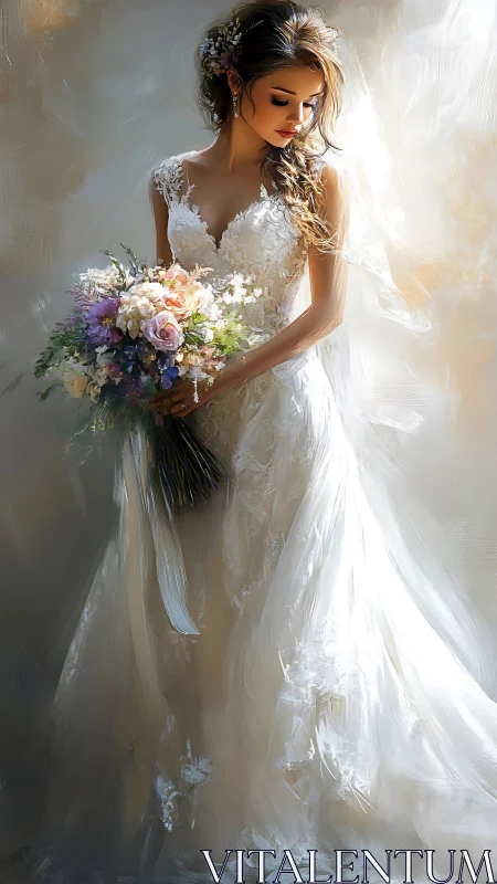 Digital painting shows bride in lace gown holding bouquet