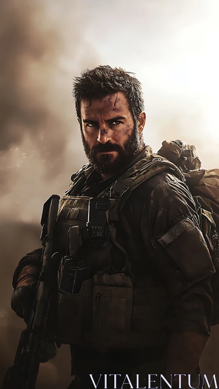 Heavily armed tactical operator in dusty backlit combat zone