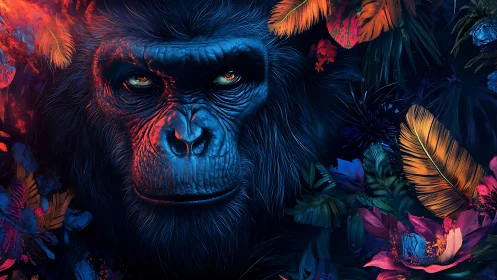 Digital gorilla portrait uses neon contrast with dense foliage