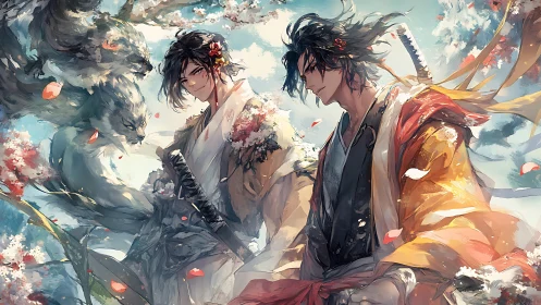 Samurai twins command spirit wolves under sakura sky.