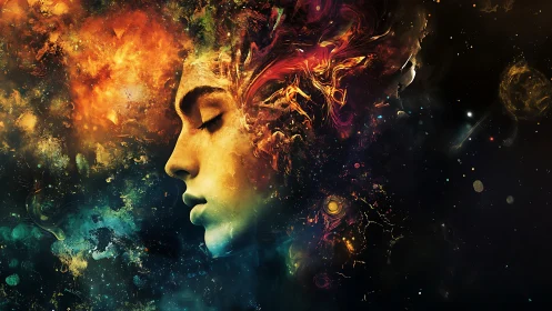 Profiled human visage dissolves into cosmic nebular turbulence