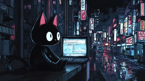 Nocturnal neon cityscape with networked cartoon cat sentinel.