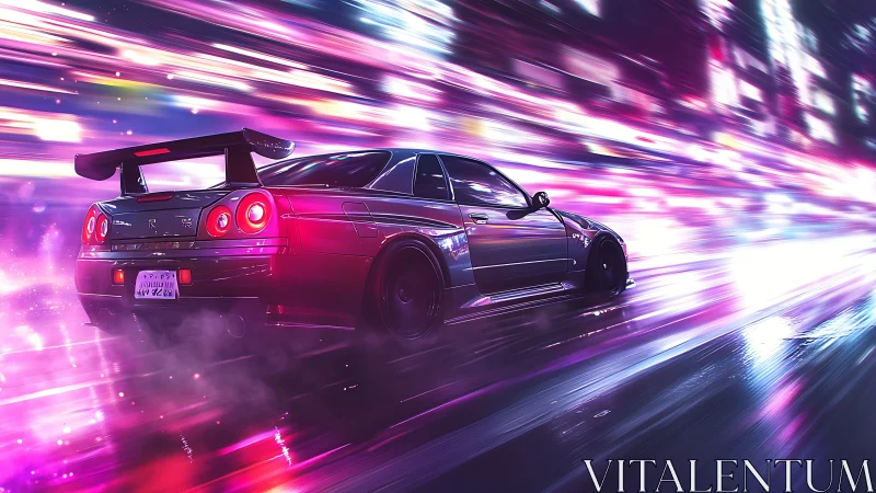 Midnight tuner car drifts through neon soaked city streets