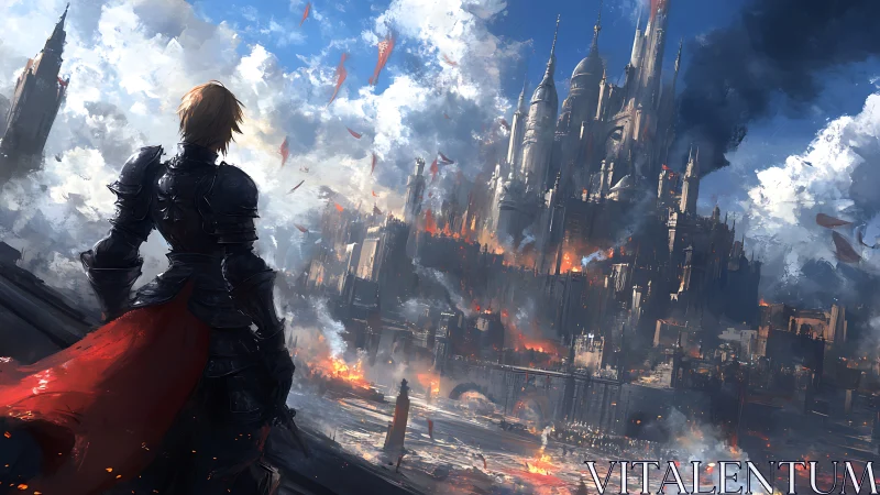 Digital painting of armored knight before burning citadel.