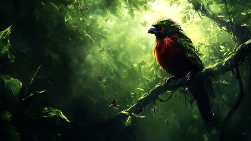 Vibrant rainforest bird on branch in luminous digital painting.