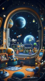 Cozy space nursery overlooks distant planets and playful stars