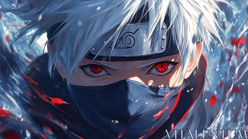 Intense red-eyed ninja portrait rendered in dynamic anime style