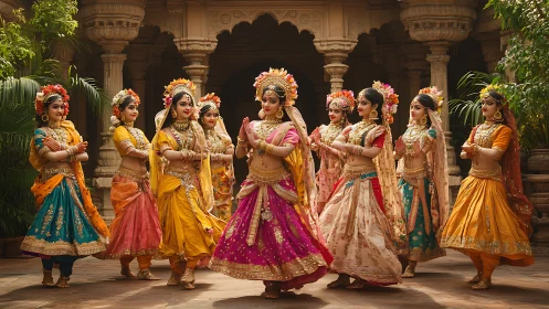 Traditional Indian dancers in vibrant costumes performing in courtyard.