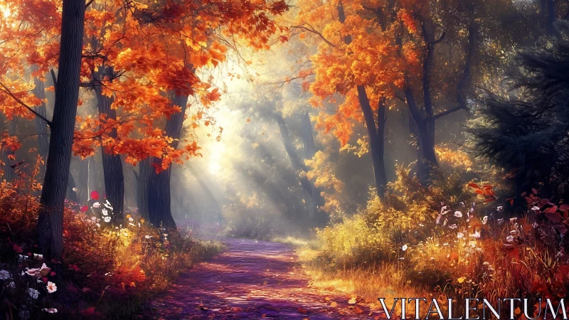 Enchanted Autumn Forest Path Glowing with Golden Light