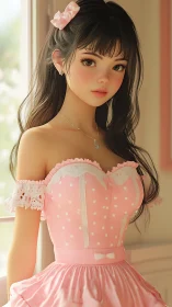 Soft daylight sweetheart in polka dot pastel corset dress.