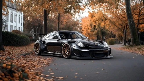 Black sports coupe is parked on a tree-lined autumn street