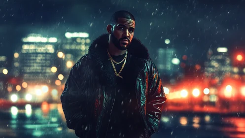 Man in dark coat on rainy neon city street at night.